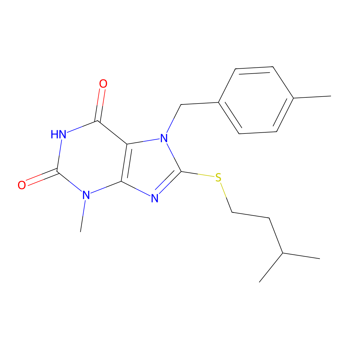 3-methyl-7-(4-methylbenzyl)-8-[(3-methylbutyl)sulfanyl]-3,7-dihydro-1H-purine-2,6-dione molecular structure, CAS 303970-00-5