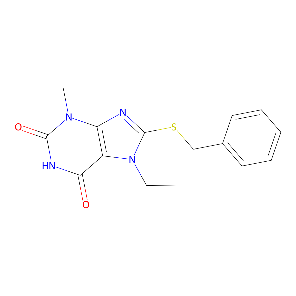 8-(benzylsulfanyl)-7-ethyl-3-methyl-3,7-dihydro-1H-purine-2,6-dione molecular structure, CAS 303970-02-7