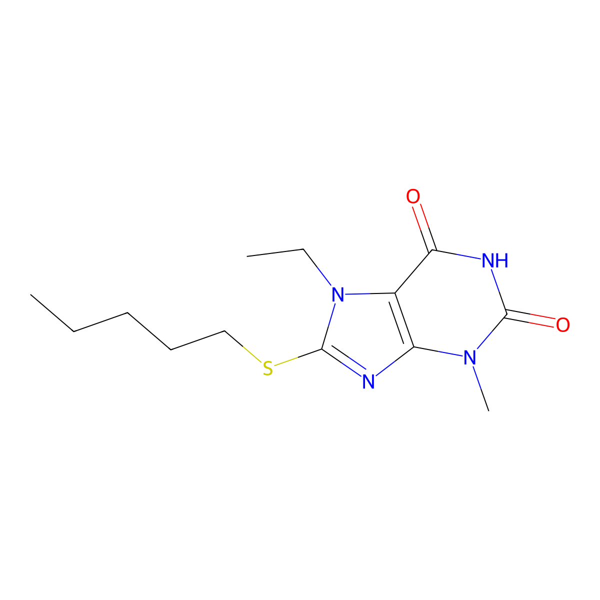 7-ethyl-3-methyl-8-(pentylsulfanyl)-3,7-dihydro-1H-purine-2,6-dione molecular structure, CAS 303970-11-8