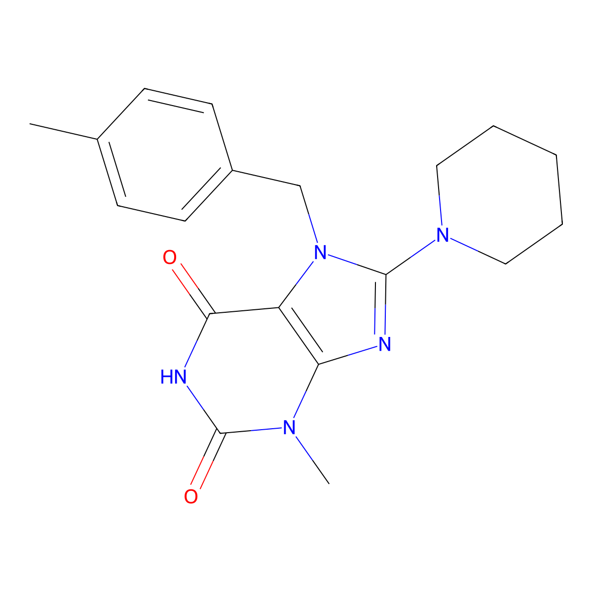 3-methyl-7-(4-methylbenzyl)-8-(piperidin-1-yl)-1H-purine-2,6(3H,7H)-dione molecular structure, CAS 303970-13-0