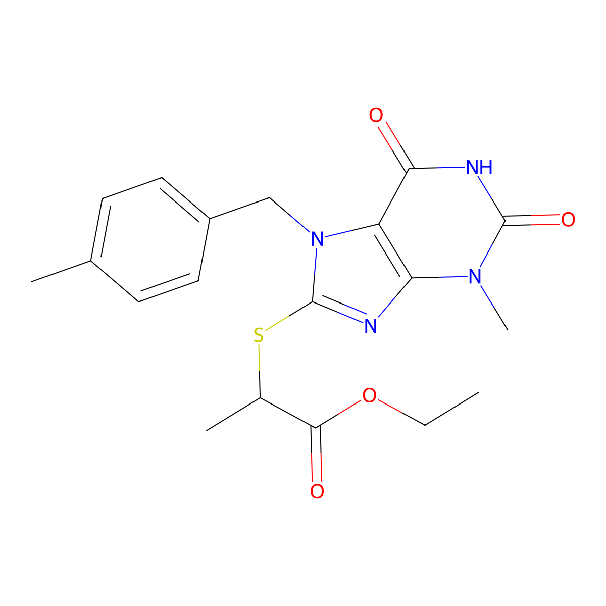 ethyl 2-((3-methyl-7-(4-methylbenzyl)-2,6-dioxo-2,3,6,7-tetrahydro-1H-purin-8-yl)thio)propanoate molecular structure, CAS 303970-14-1