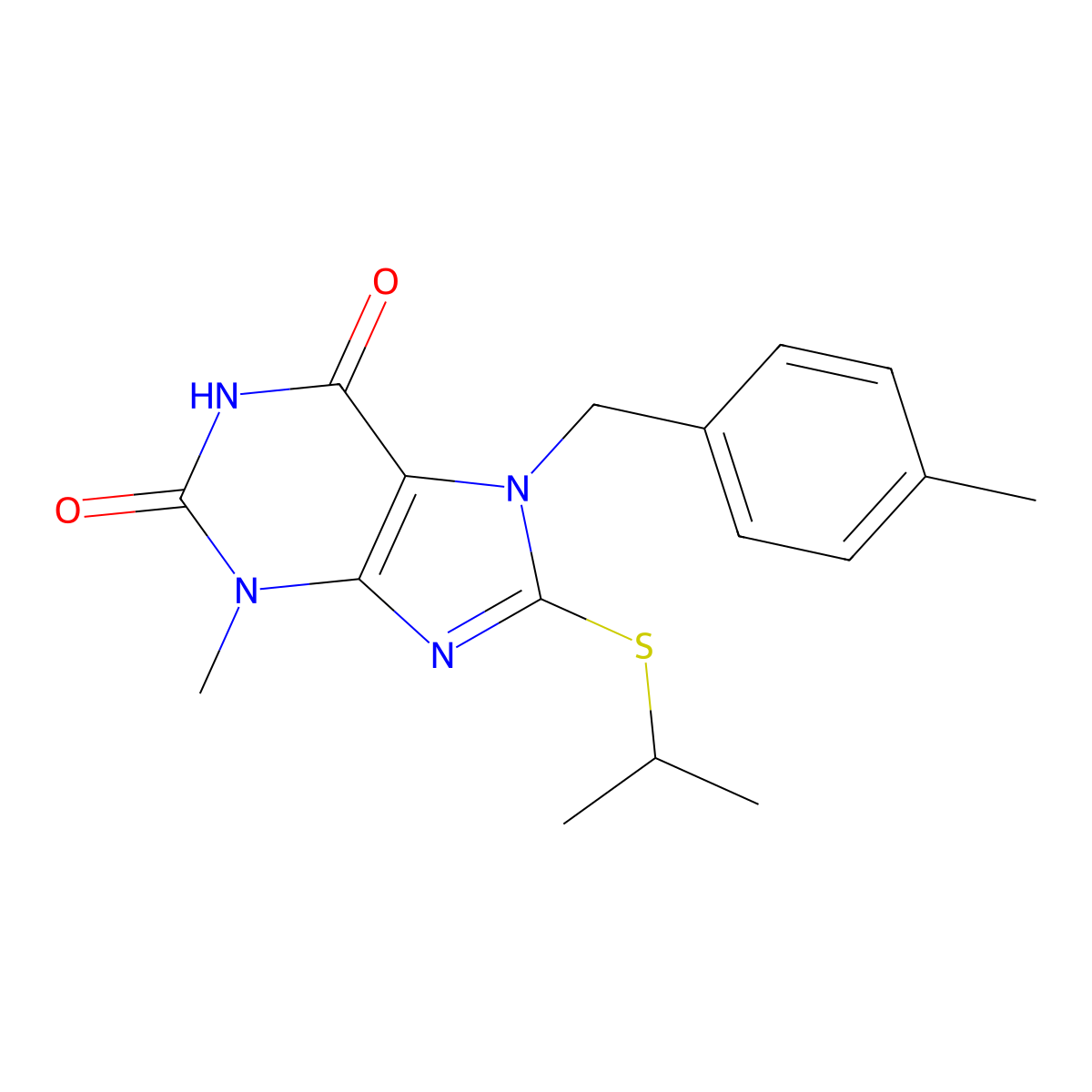 3-methyl-7-(4-methylbenzyl)-8-(propan-2-ylsulfanyl)-3,7-dihydro-1H-purine-2,6-dione molecular structure, CAS 303970-17-4