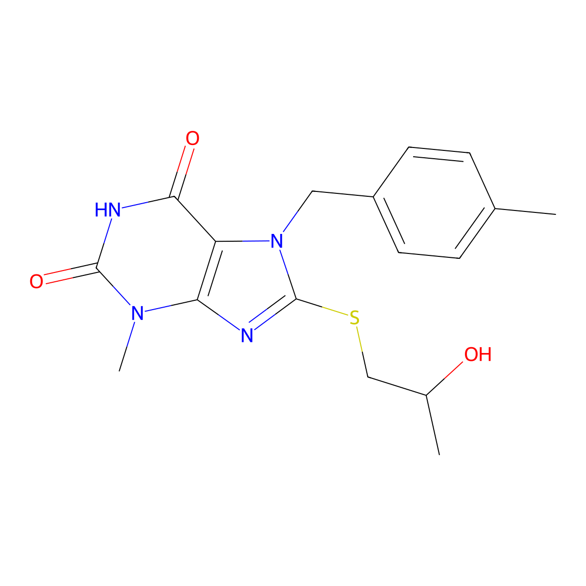 8-((2-hydroxypropyl)thio)-3-methyl-7-(4-methylbenzyl)-1H-purine-2,6(3H,7H)-dione molecular structure, CAS 303970-23-2