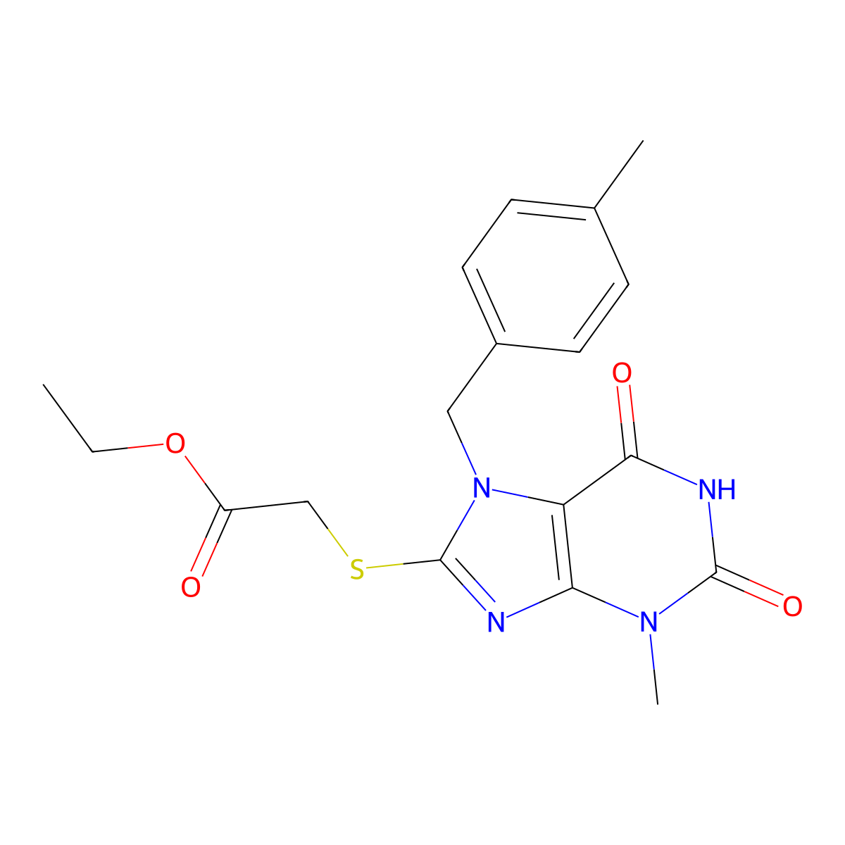 Ethyl 2-[3-methyl-7-[(4-methylphenyl)methyl]-2,6-dioxopurin-8-yl]sulfanylacetate molecular structure, CAS 303970-29-8