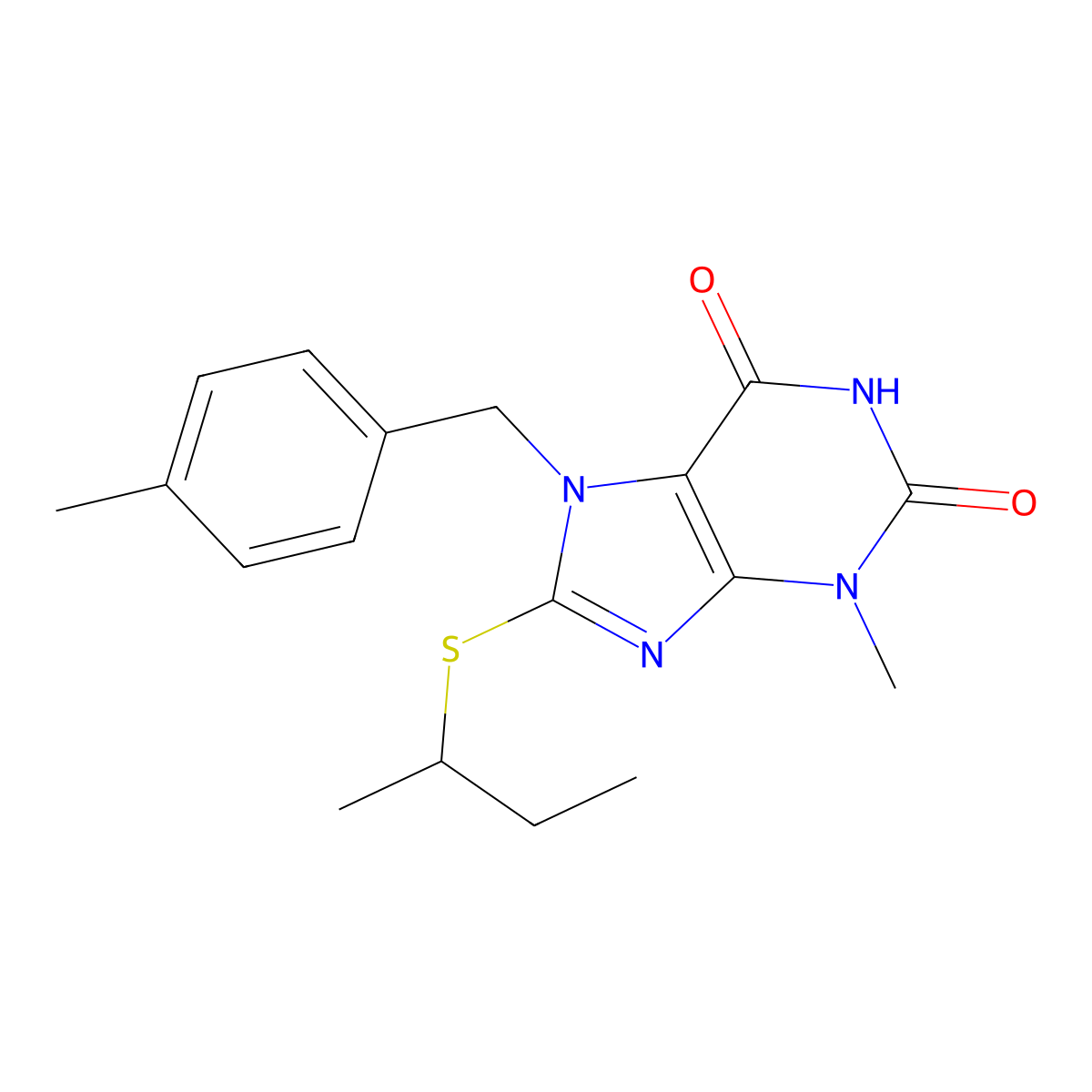 8-(butan-2-ylsulfanyl)-3-methyl-7-(4-methylbenzyl)-3,7-dihydro-1H-purine-2,6-dione molecular structure, CAS 303970-30-1