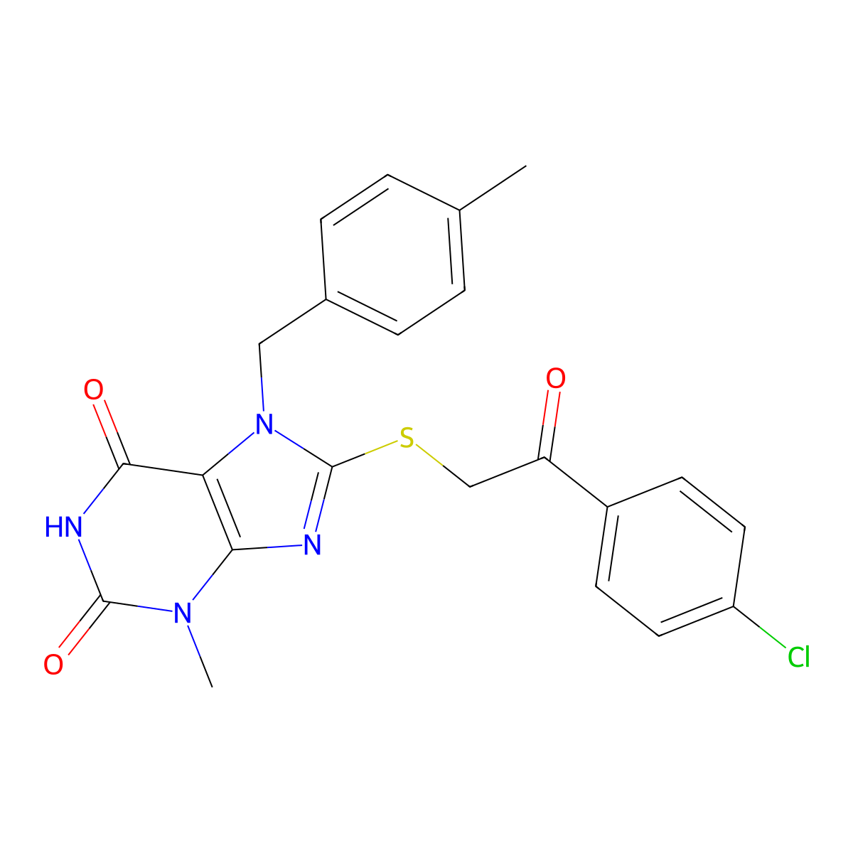 8-((2-(4-chlorophenyl)-2-oxoethyl)thio)-3-methyl-7-(4-methylbenzyl)-1H-purine-2,6(3H,7H)-dione molecular structure, CAS 303970-34-5