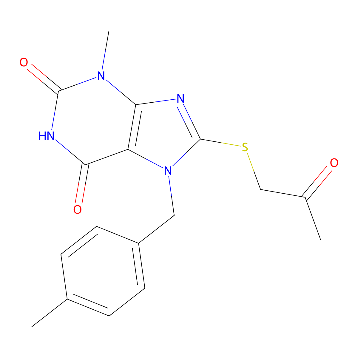 3-methyl-7-(4-methylbenzyl)-8-((2-oxopropyl)thio)-1H-purine-2,6(3H,7H)-dione molecular structure, CAS 303970-35-6