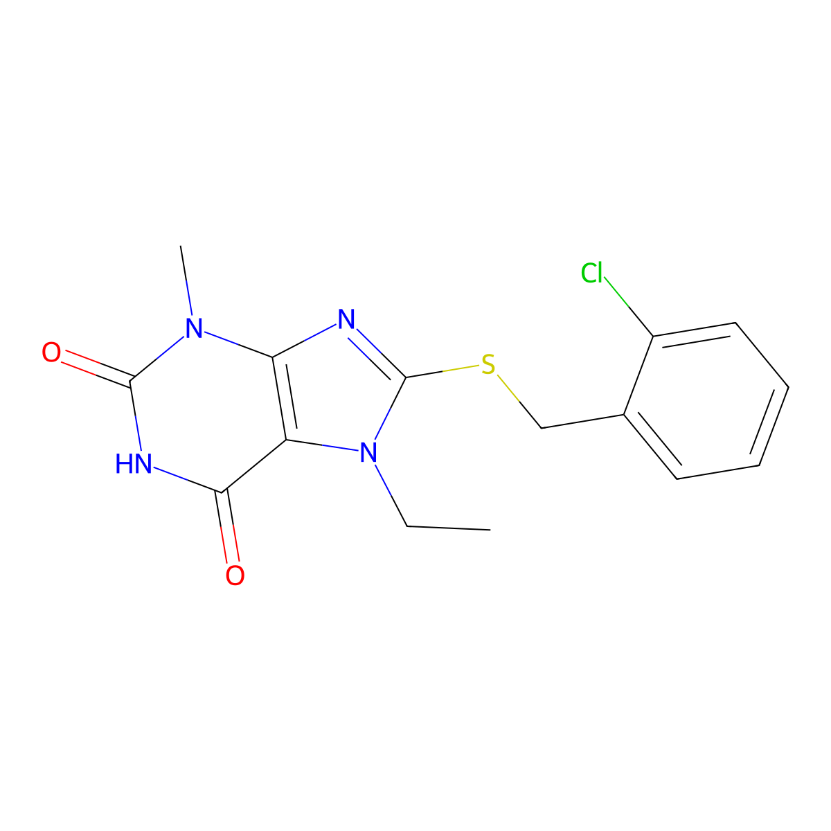 8-[(2-chlorobenzyl)sulfanyl]-7-ethyl-3-methyl-3,7-dihydro-1H-purine-2,6-dione molecular structure, CAS 303970-51-6