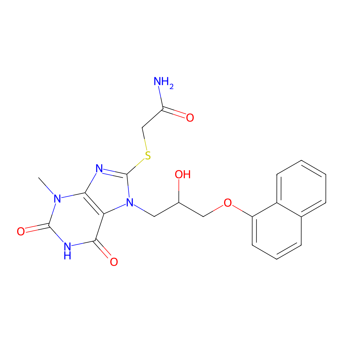 2-((7-(2-hydroxy-3-(naphthalen-1-yloxy)propyl)-3-methyl-2,6-dioxo-2,3,6,7-tetrahydro-1H-purin-8-yl)thio)acetamide molecular structure, CAS 303970-53-8