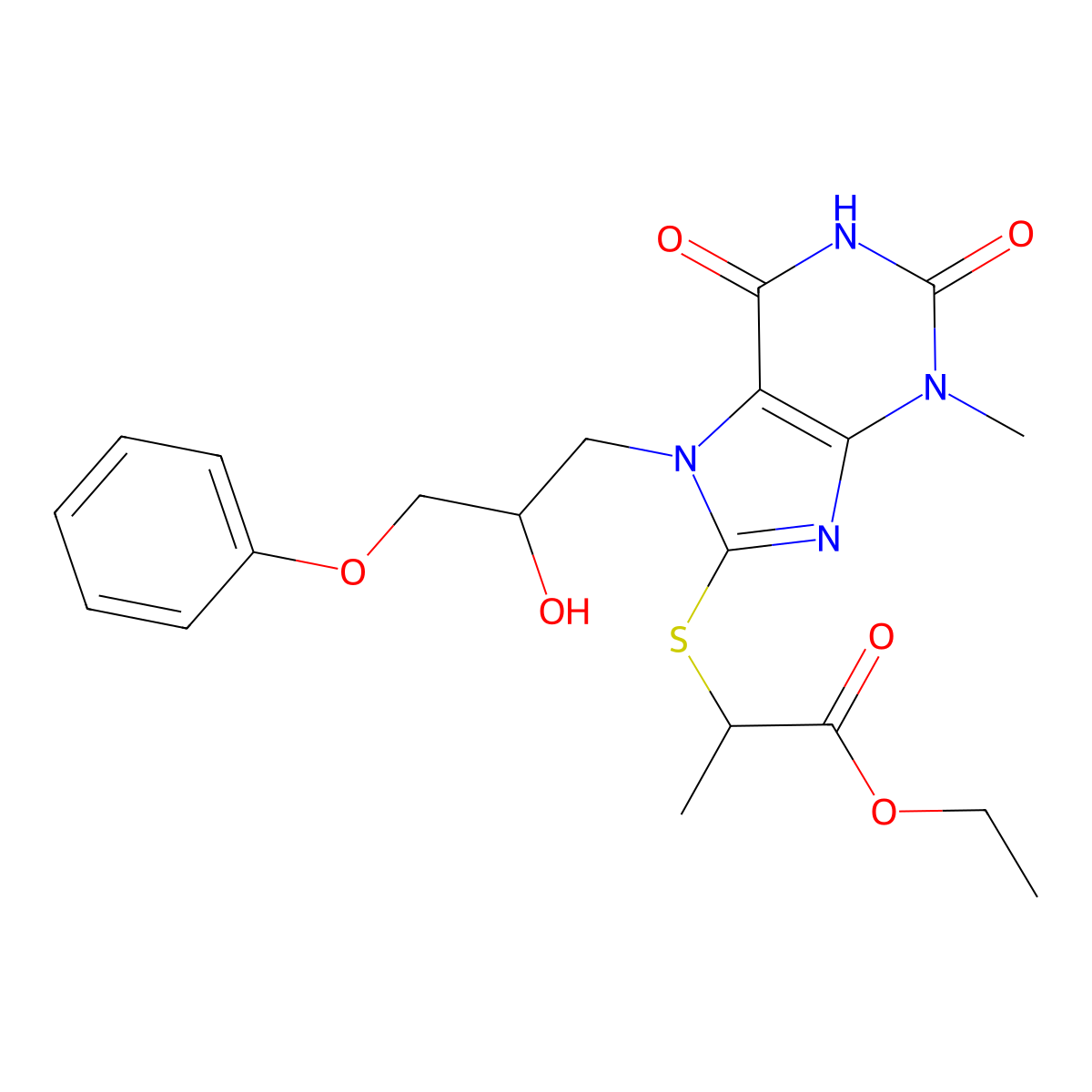 ethyl 2-((7-(2-hydroxy-3-phenoxypropyl)-3-methyl-2,6-dioxo-2,3,6,7-tetrahydro-1H-purin-8-yl)thio)propanoate molecular structure, CAS 303970-68-5