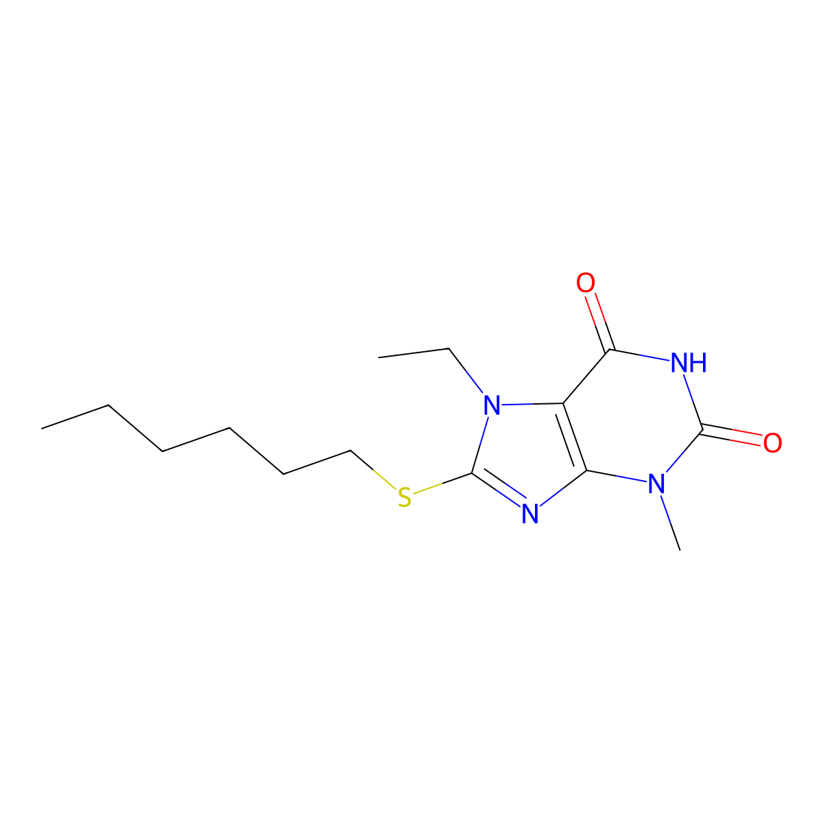 7-ethyl-8-(hexylsulfanyl)-3-methyl-3,7-dihydro-1H-purine-2,6-dione molecular structure, CAS 303970-71-0