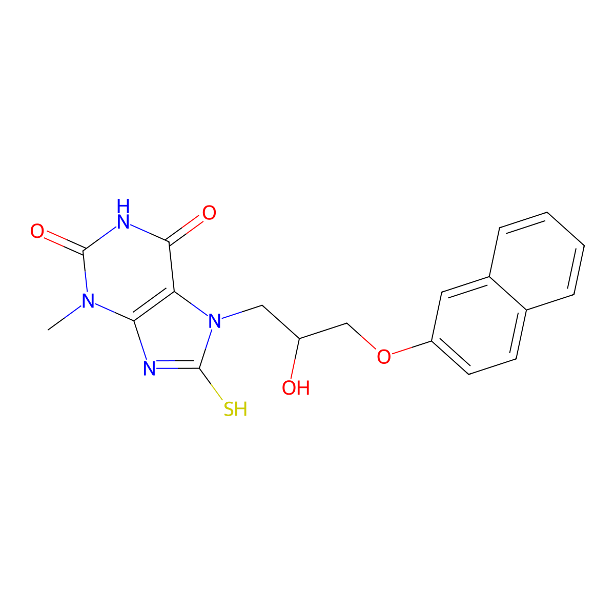7-(2-hydroxy-3-(naphthalen-2-yloxy)propyl)-8-mercapto-3-methyl-1H-purine-2,6(3H,7H)-dione molecular structure, CAS 303970-83-4