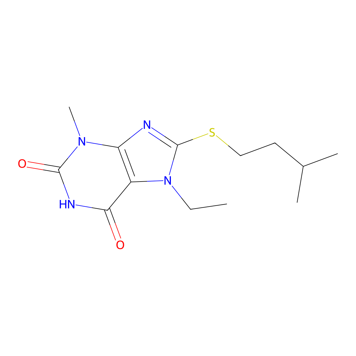 7-ethyl-8-(isopentylthio)-3-methyl-1H-purine-2,6(3H,7H)-dione molecular structure, CAS 303970-87-8
