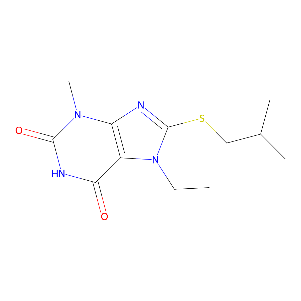 7-ethyl-3-methyl-8-[(2-methylpropyl)sulfanyl]-3,7-dihydro-1H-purine-2,6-dione molecular structure, CAS 303971-00-8
