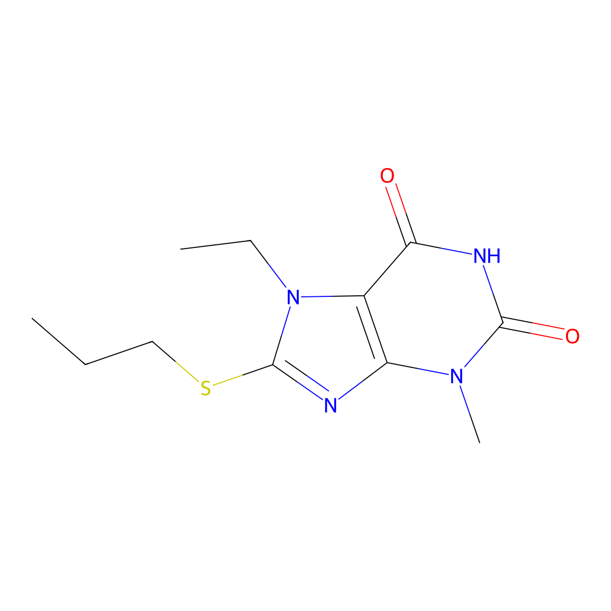 7-ethyl-3-methyl-8-(propylsulfanyl)-3,7-dihydro-1H-purine-2,6-dione molecular structure, CAS 303971-03-1