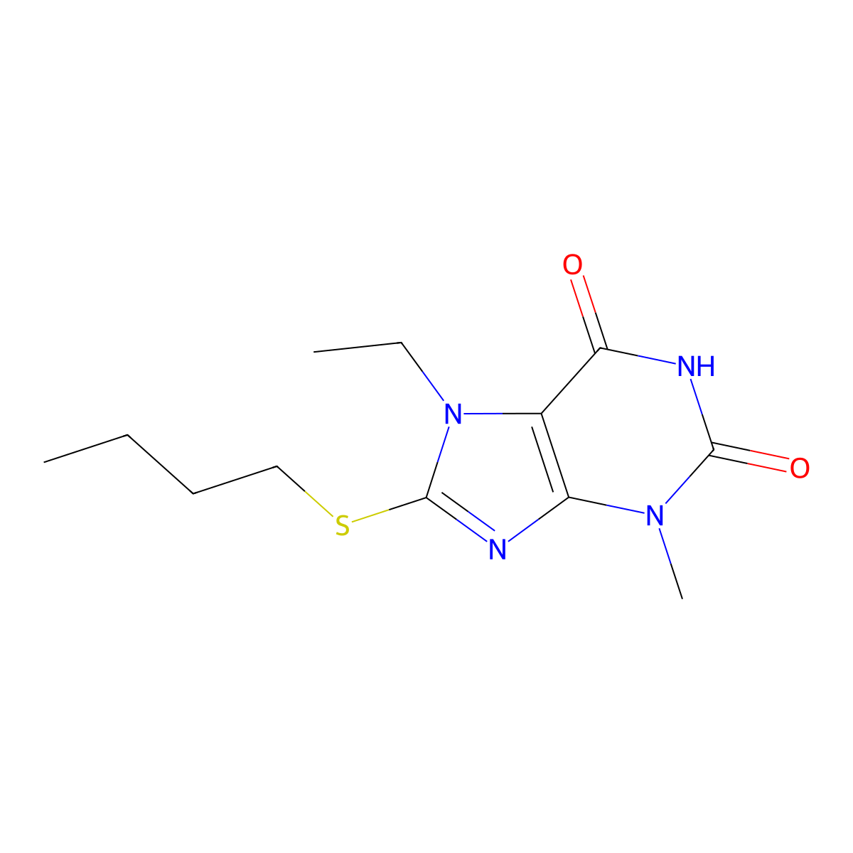 8-Butylsulfanyl-7-ethyl-3-methylpurine-2,6-dione molecular structure, CAS 303971-06-4