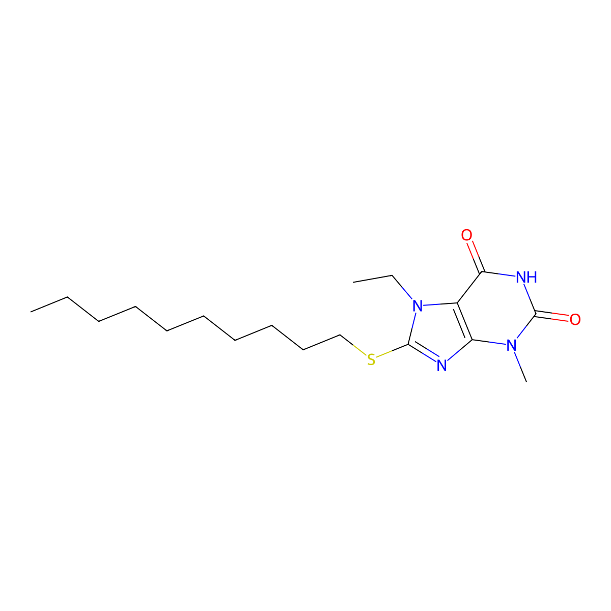 8-(decylsulfanyl)-7-ethyl-3-methyl-3,7-dihydro-1H-purine-2,6-dione molecular structure, CAS 303971-07-5