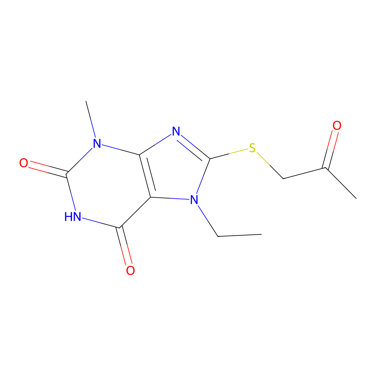 7-ethyl-3-methyl-8-[(2-oxopropyl)sulfanyl]-3,7-dihydro-1H-purine-2,6-dione molecular structure, CAS 303971-12-2