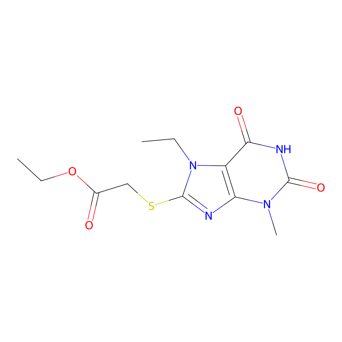 ethyl 2-((7-ethyl-3-methyl-2,6-dioxo-2,3,6,7-tetrahydro-1H-purin-8-yl)thio)acetate molecular structure, CAS 303971-13-3