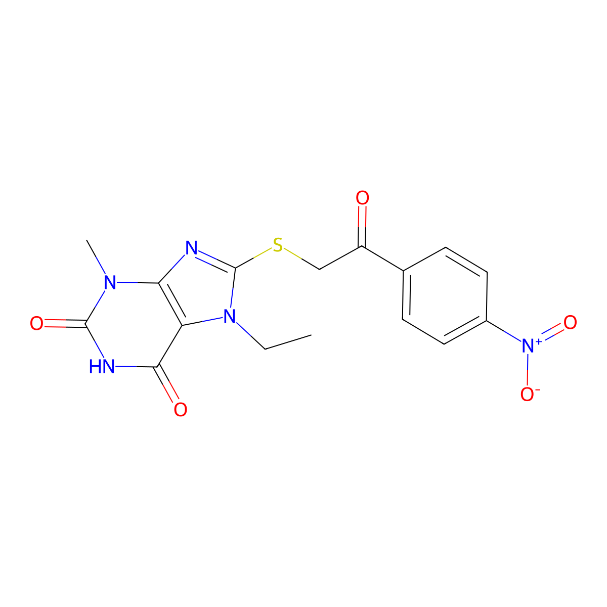 7-ethyl-3-methyl-8-((2-(4-nitrophenyl)-2-oxoethyl)thio)-1H-purine-2,6(3H,7H)-dione molecular structure, CAS 303971-14-4