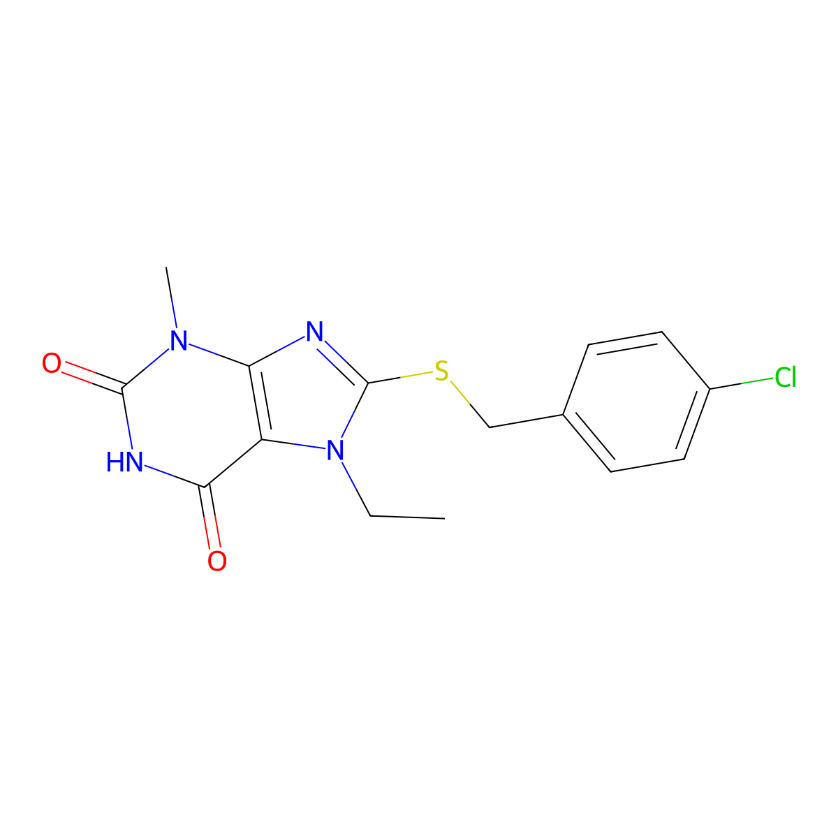 8-((4-chlorobenzyl)thio)-7-ethyl-3-methyl-1H-purine-2,6(3H,7H)-dione molecular structure, CAS 303971-16-6