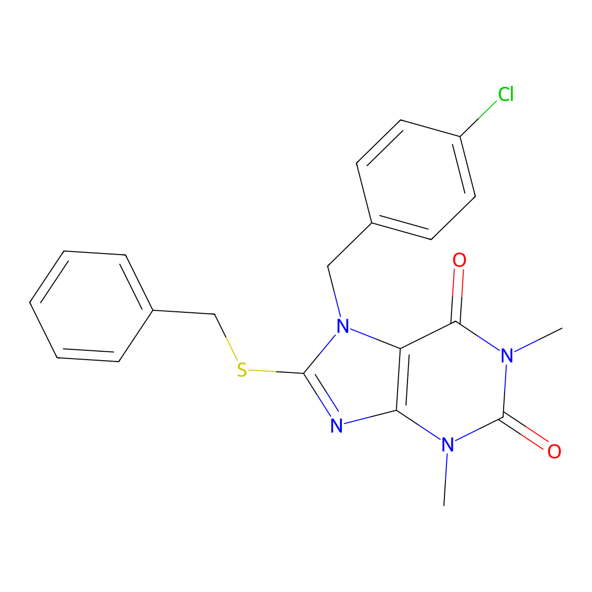 8-Benzylsulfanyl-7-(4-chloro-benzyl)-1,3-dimethyl-3,7-dihydro-purine-2,6-dione molecular structure, CAS 303971-20-2