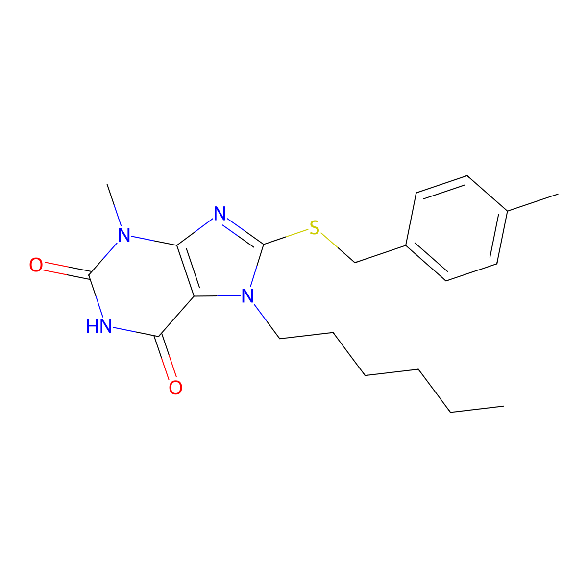 7-hexyl-3-methyl-8-[(4-methylbenzyl)sulfanyl]-3,7-dihydro-1H-purine-2,6-dione molecular structure, CAS 303972-83-0