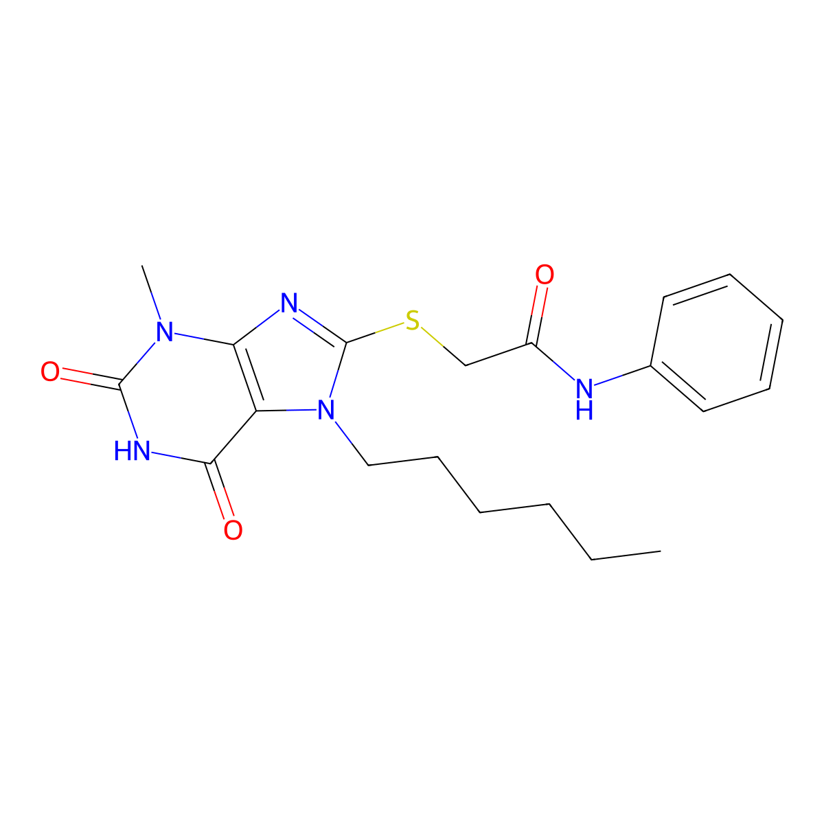 2-((7-hexyl-3-methyl-2,6-dioxo-2,3,6,7-tetrahydro-1H-purin-8-yl)thio)-N-phenylacetamide molecular structure, CAS 303972-86-3