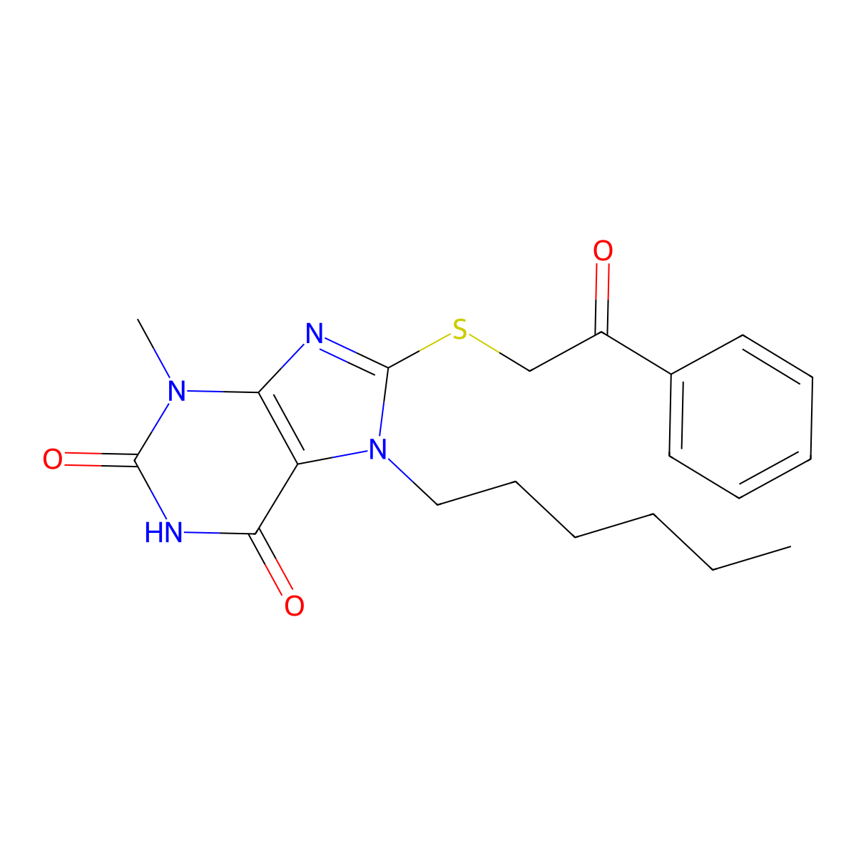 7-hexyl-3-methyl-8-((2-oxo-2-phenylethyl)thio)-1H-purine-2,6(3H,7H)-dione molecular structure, CAS 303972-87-4