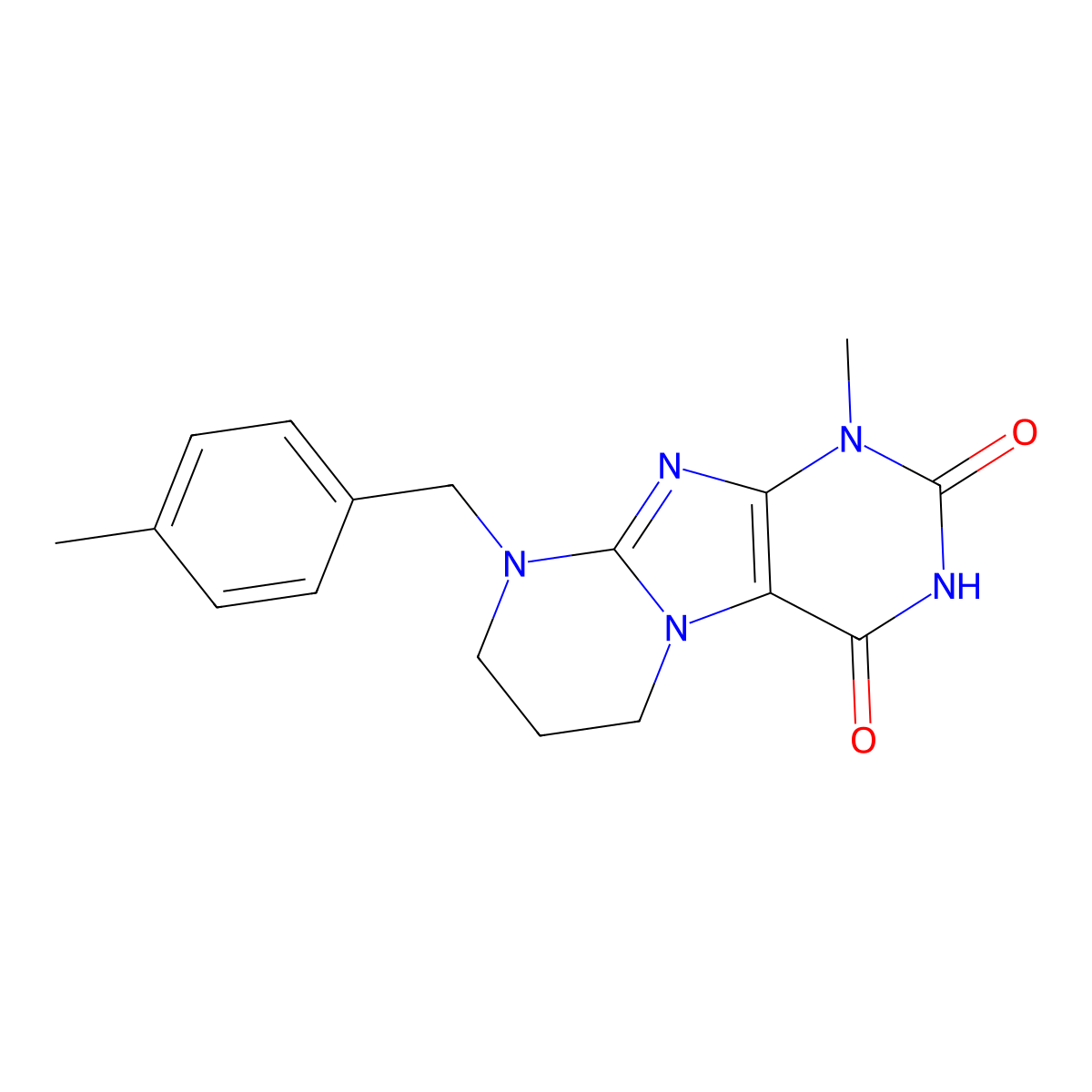 1-methyl-9-(4-methylbenzyl)-6,7,8,9-tetrahydropyrimido[2,1-f]purine-2,4(1H,3H)-dione molecular structure, CAS 303972-89-6