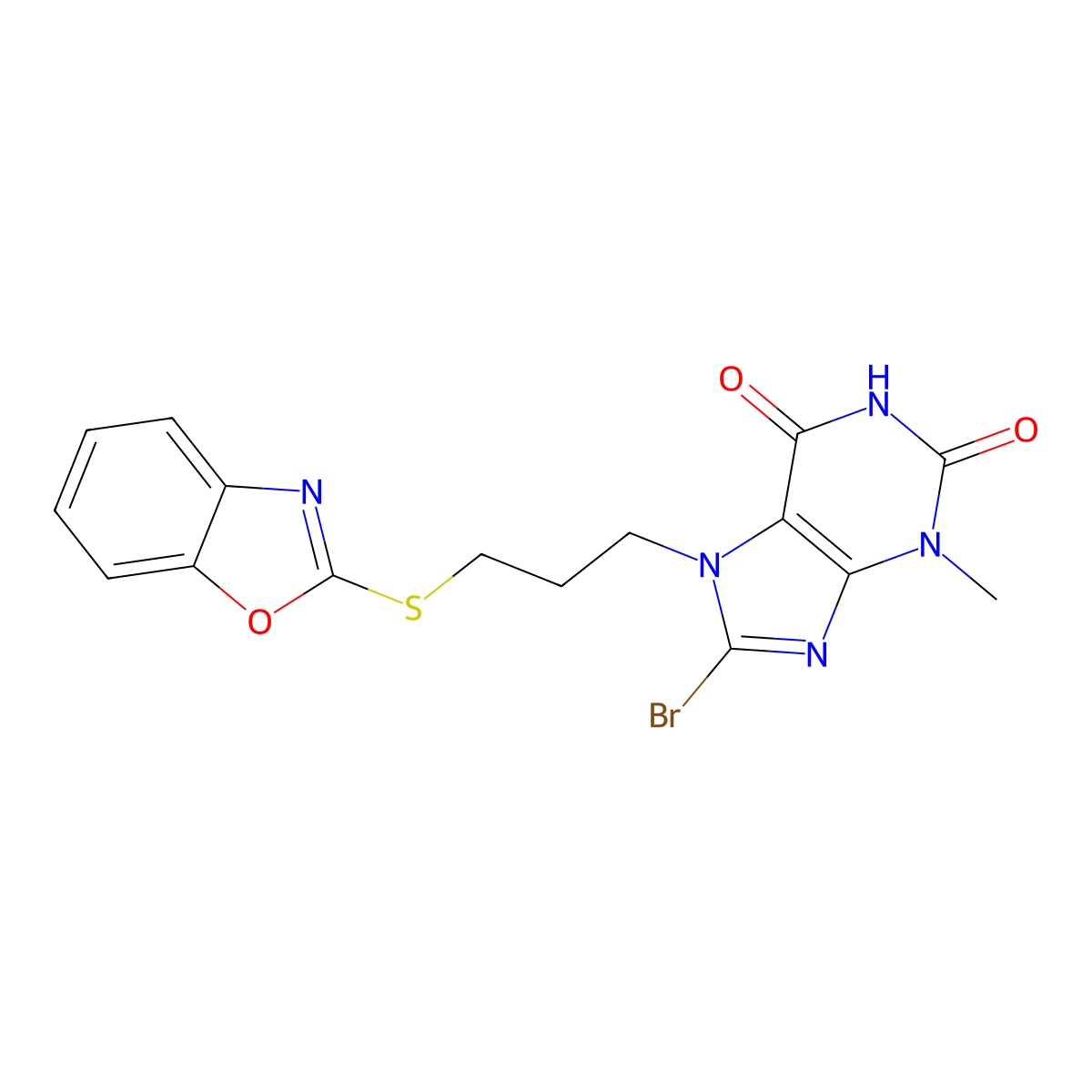 7-(3-(benzo[d]oxazol-2-ylthio)propyl)-8-bromo-3-methyl-1H-purine-2,6(3H,7H)-dione molecular structure, CAS 303972-91-0