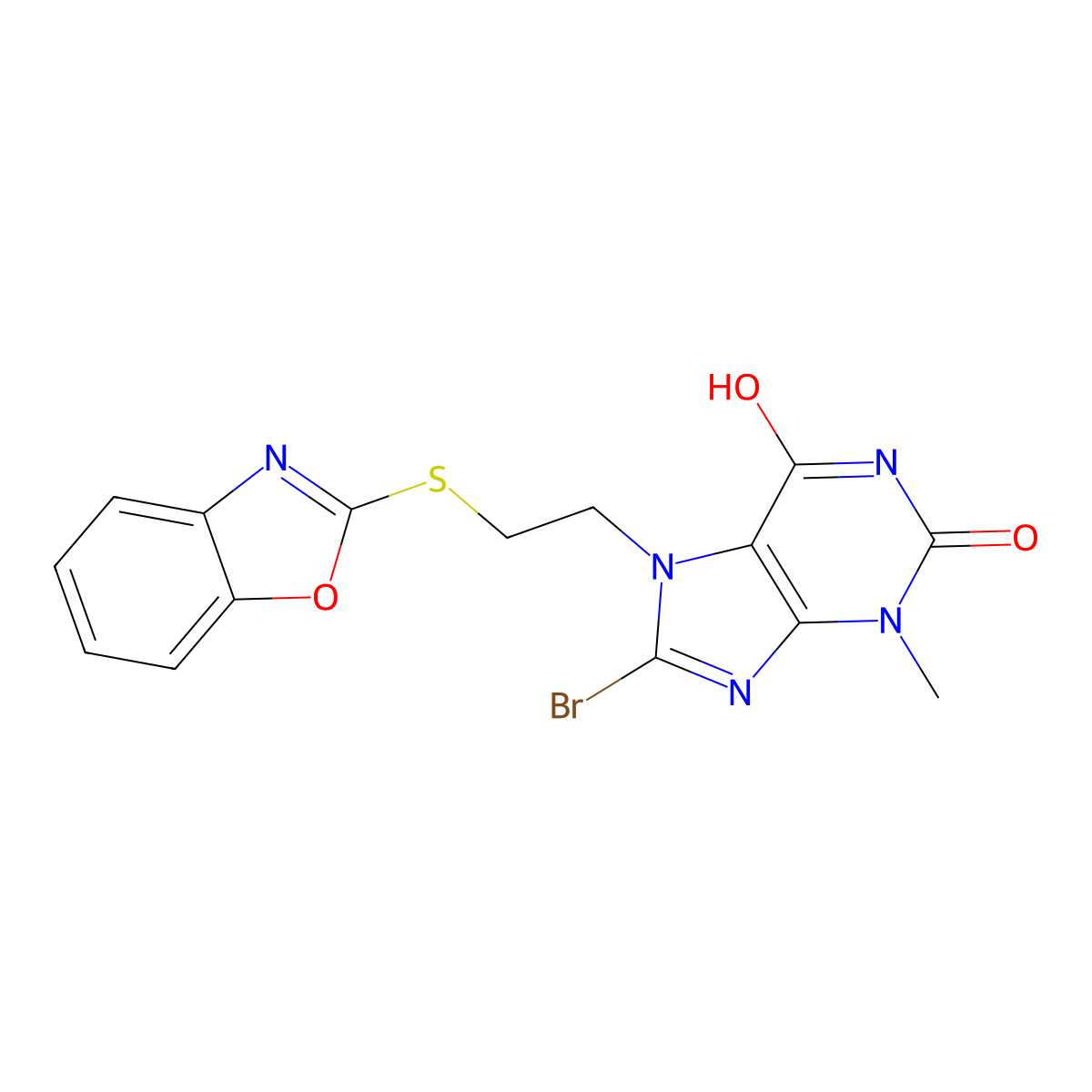 7-(2-Benzoxazol-2-ylthioethyl)-8-bromo-3-methyl-1,3,7-trihydropurine-2,6-dione molecular structure, CAS 303972-92-1