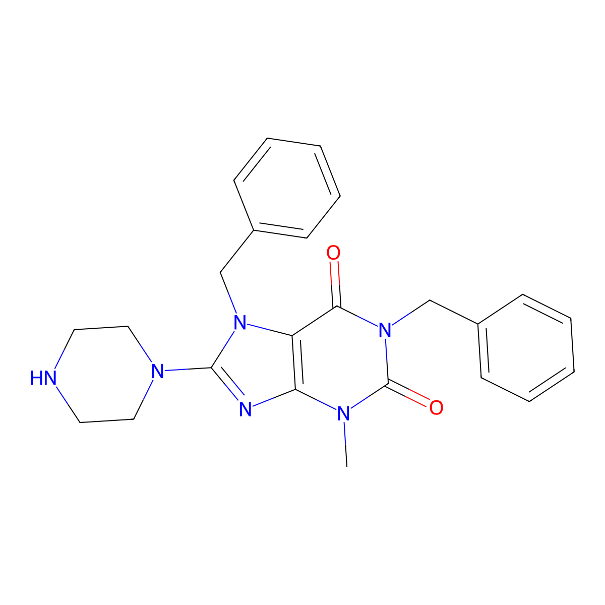 1,7-Dibenzyl-3-methyl-8-piperazin-1-ylpurine-2,6-dione molecular structure, CAS 303972-96-5