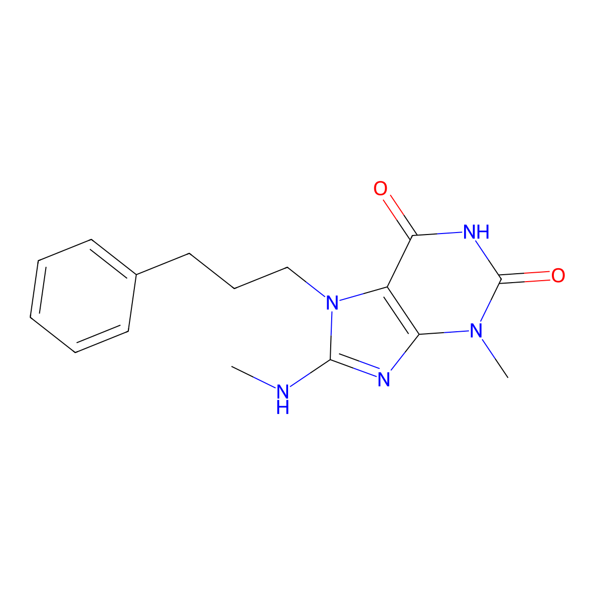 3-methyl-8-(methylamino)-7-(3-phenylpropyl)-1H-purine-2,6(3H,7H)-dione molecular structure, CAS 303973-00-4
