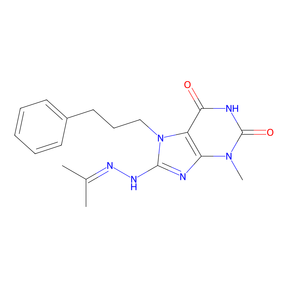 3-Methyl-7-(3-phenylpropyl)-8-(2-propan-2-ylidenehydrazinyl)purine-2,6-dione molecular structure, CAS 303973-04-8