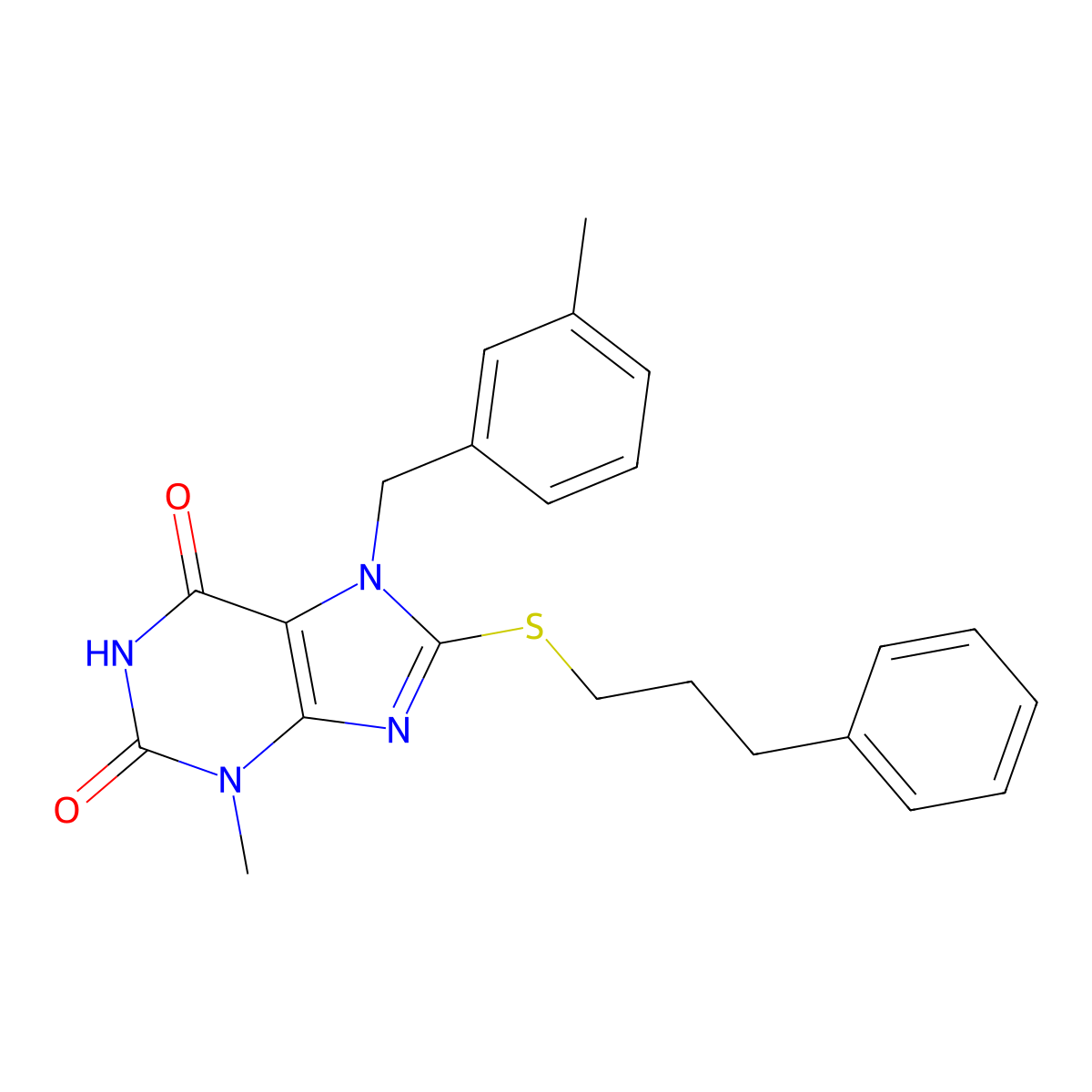 3-methyl-7-(3-methylbenzyl)-8-[(3-phenylpropyl)sulfanyl]-3,7-dihydro-1H-purine-2,6-dione molecular structure, CAS 303973-14-0
