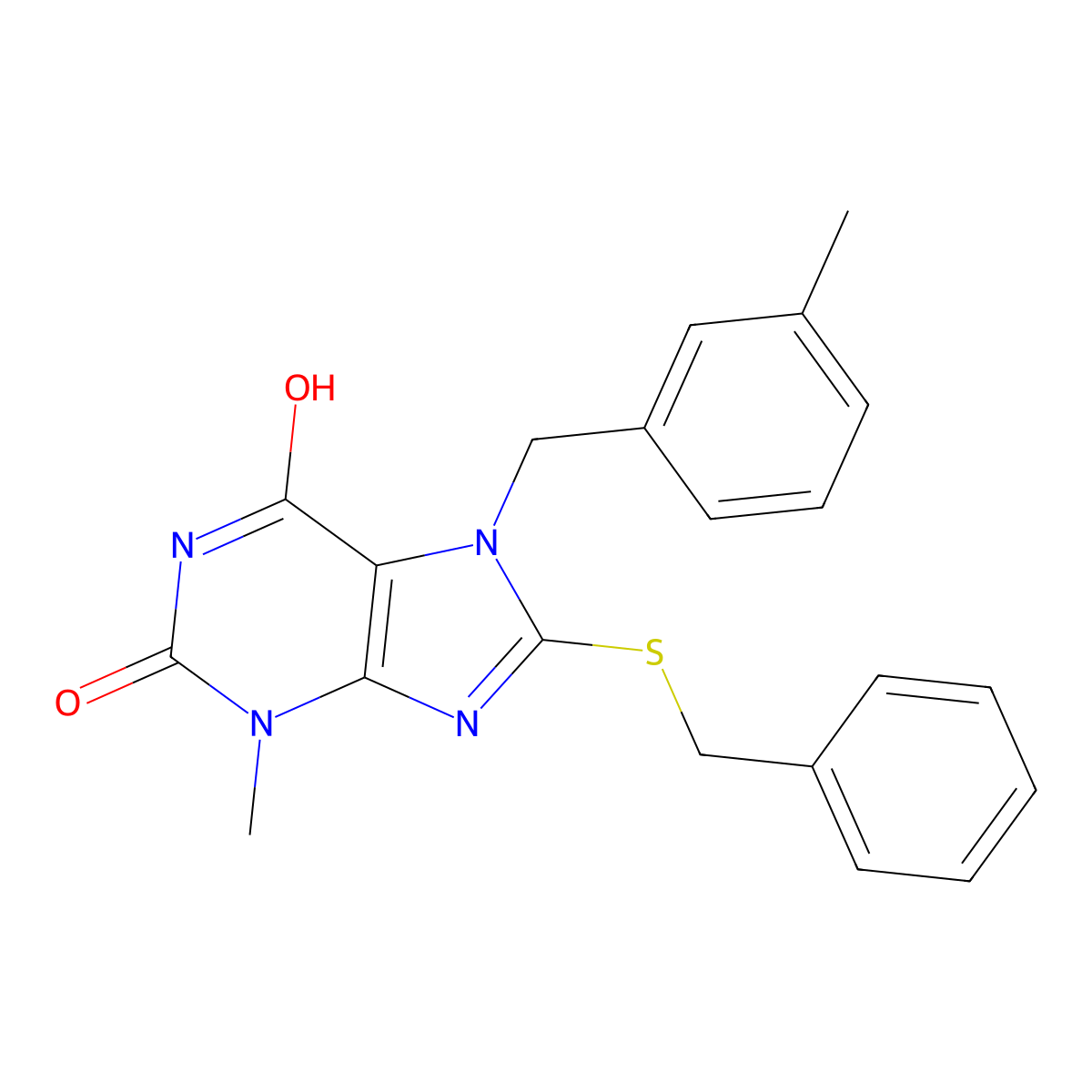 8-(benzylthio)-3-methyl-7-(3-methylbenzyl)-1H-purine-2,6(3H,7H)-dione molecular structure, CAS 303973-16-2