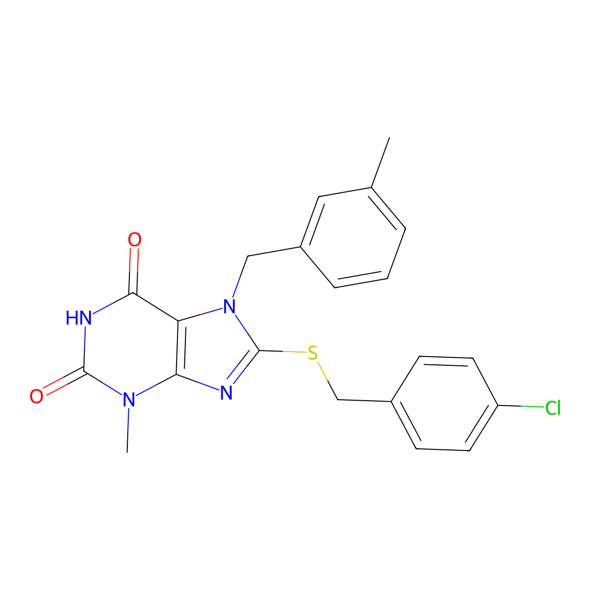 8-[(4-chlorobenzyl)sulfanyl]-3-methyl-7-(3-methylbenzyl)-3,7-dihydro-1H-purine-2,6-dione molecular structure, CAS 303973-17-3
