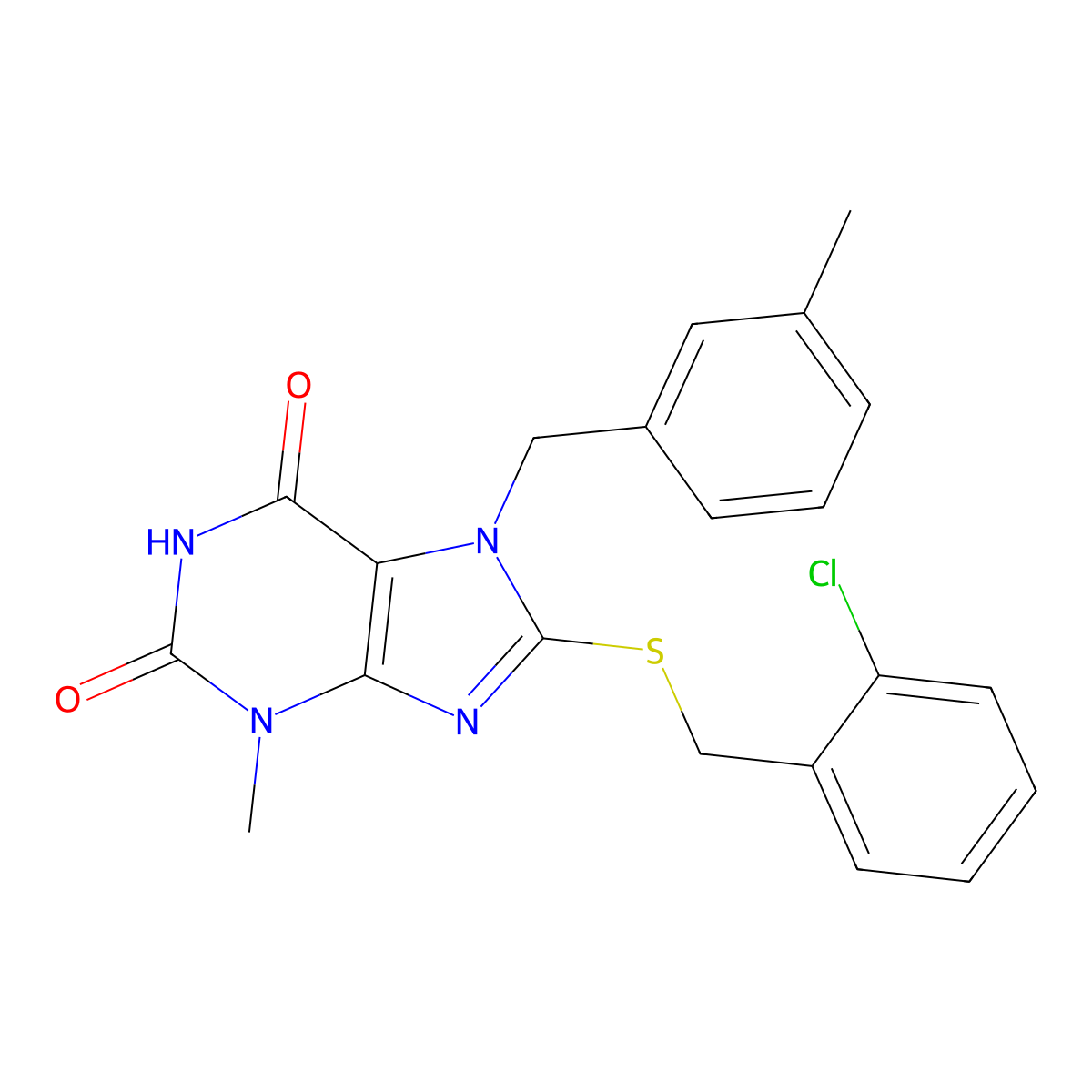 8-[(2-chlorobenzyl)sulfanyl]-3-methyl-7-(3-methylbenzyl)-3,7-dihydro-1H-purine-2,6-dione molecular structure, CAS 303973-18-4