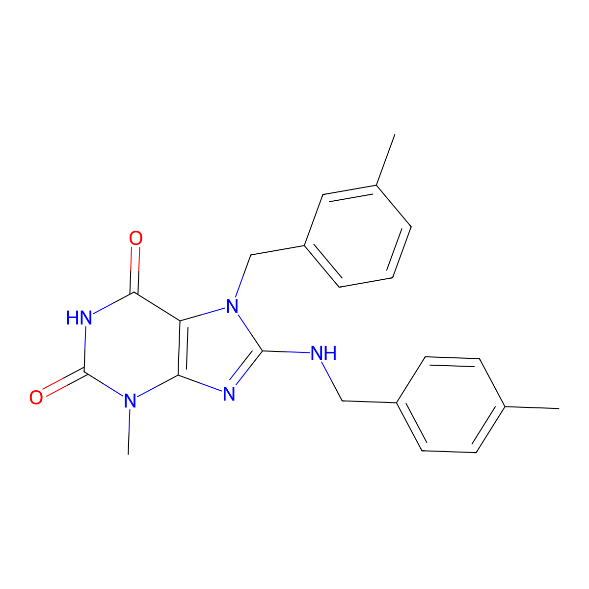 3-Methyl-7-[(3-methylphenyl)methyl]-8-[(4-methylphenyl)methylamino]purine-2,6-dione molecular structure, CAS 303973-20-8