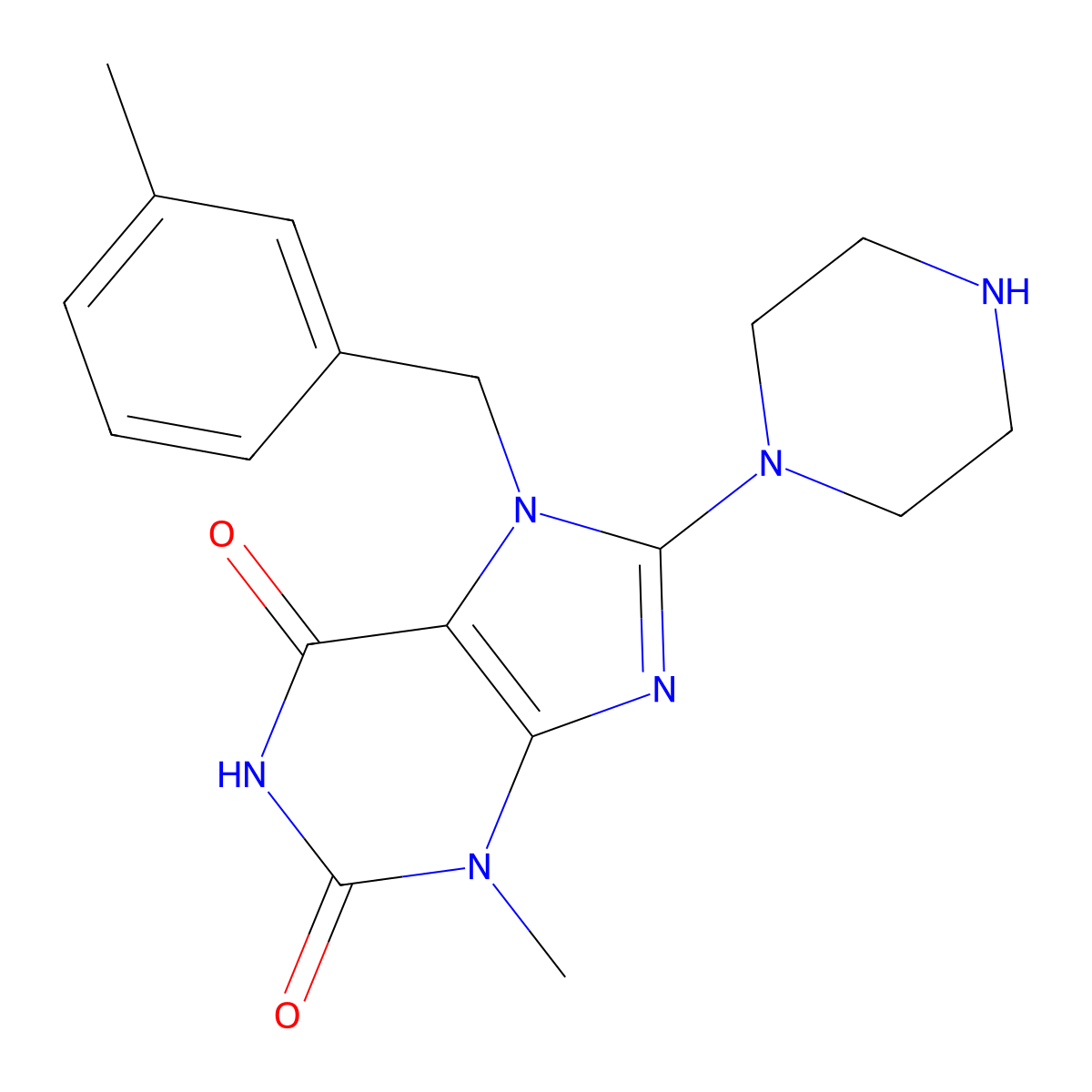 3-Methyl-7-[(3-methylphenyl)methyl]-8-piperazin-1-ylpurine-2,6-dione molecular structure, CAS 303973-23-1