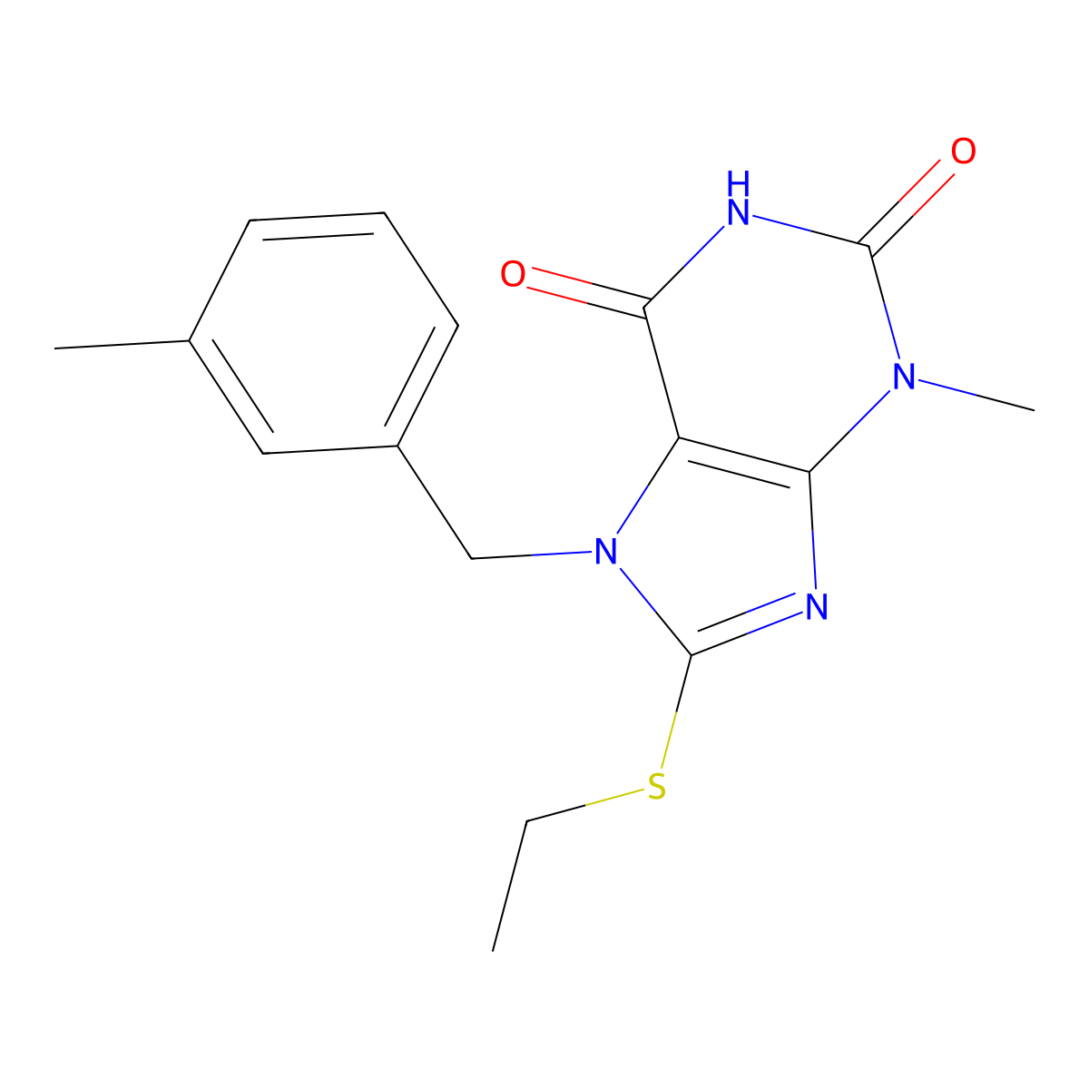 8-(ethylthio)-3-methyl-7-(3-methylbenzyl)-1H-purine-2,6(3H,7H)-dione molecular structure, CAS 303973-28-6