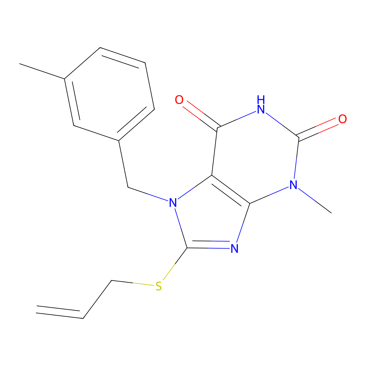 3-Methyl-7-[(3-methylphenyl)methyl]-8-prop-2-enylsulfanylpurine-2,6-dione molecular structure, CAS 303973-29-7
