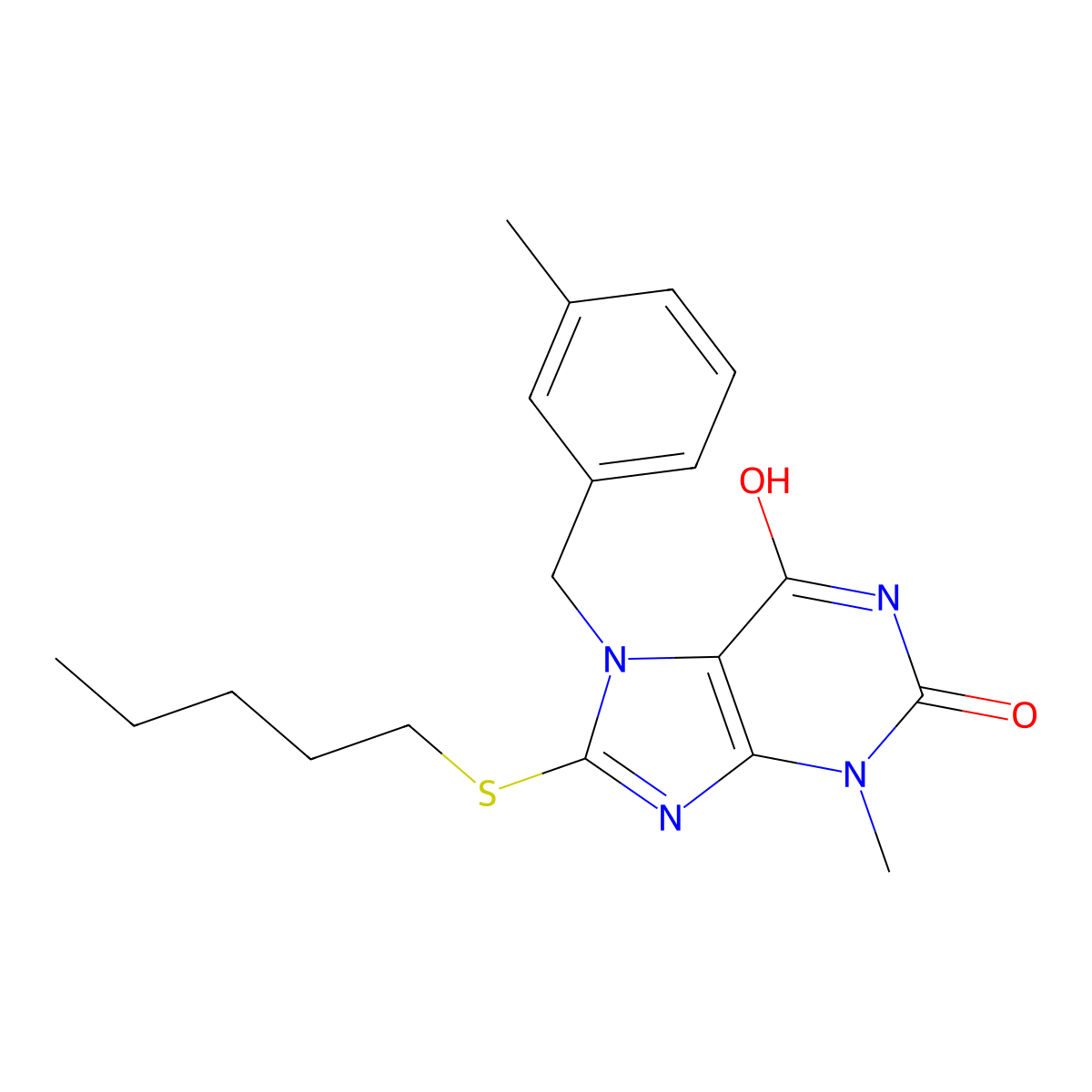 3-methyl-7-(3-methylbenzyl)-8-(pentylsulfanyl)-3,7-dihydro-1H-purine-2,6-dione molecular structure, CAS 303973-31-1