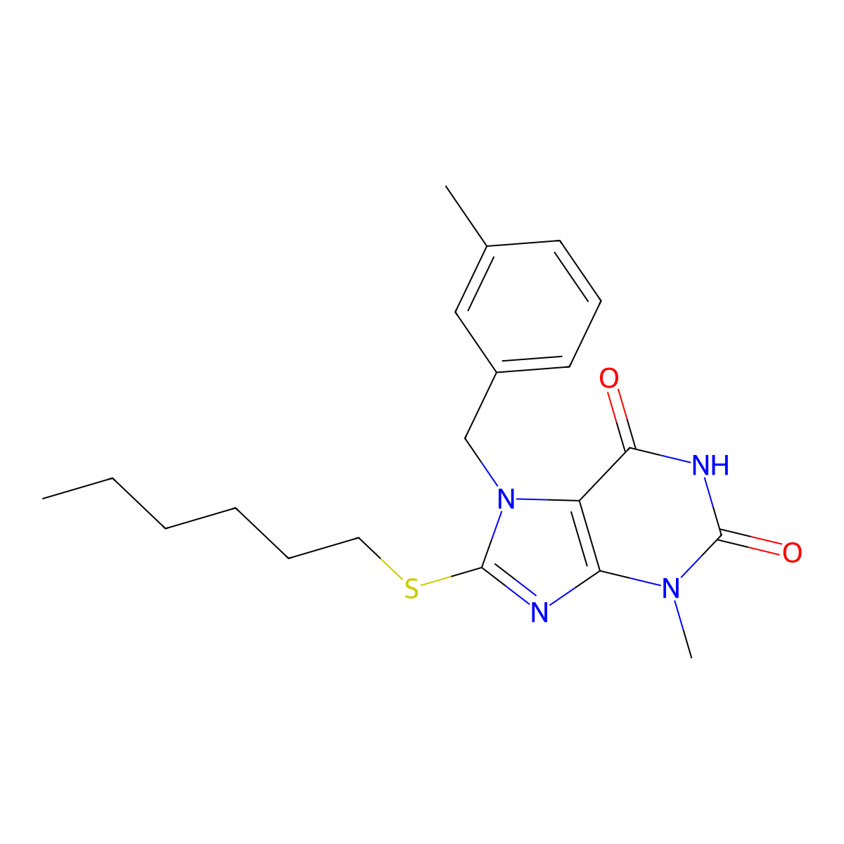 8-(hexylsulfanyl)-3-methyl-7-(3-methylbenzyl)-3,7-dihydro-1H-purine-2,6-dione molecular structure, CAS 303973-32-2