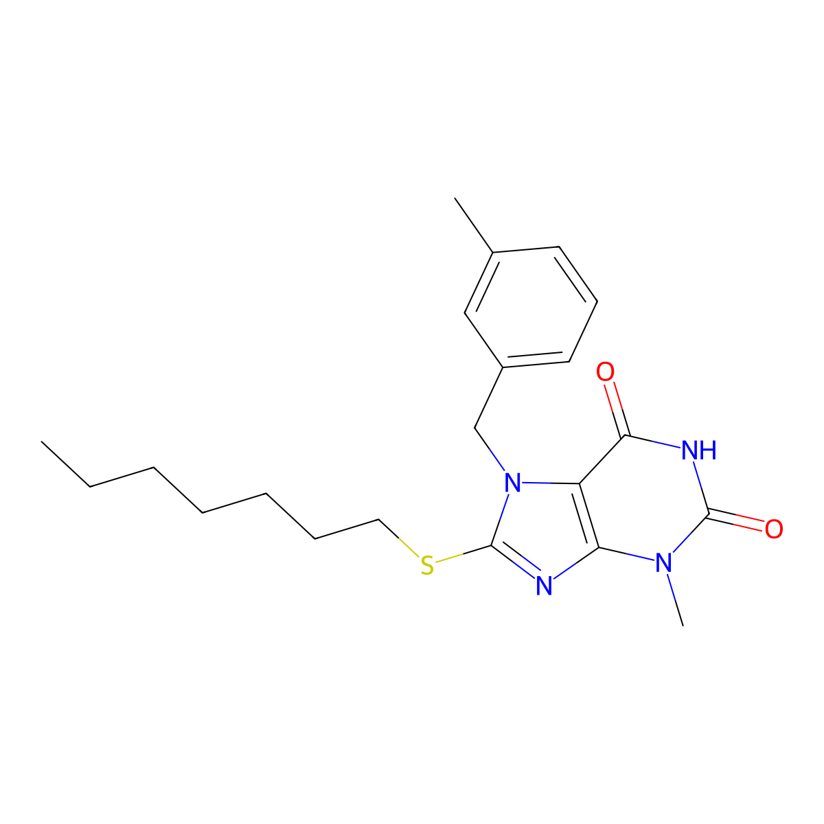 8-(heptylsulfanyl)-3-methyl-7-(3-methylbenzyl)-3,7-dihydro-1H-purine-2,6-dione molecular structure, CAS 303973-33-3