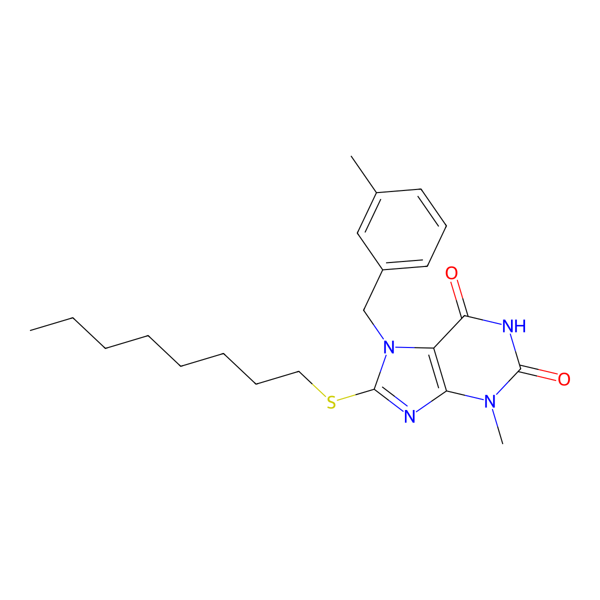3-Methyl-7-[(3-methylphenyl)methyl]-8-octylsulfanylpurine-2,6-dione molecular structure, CAS 303973-36-6