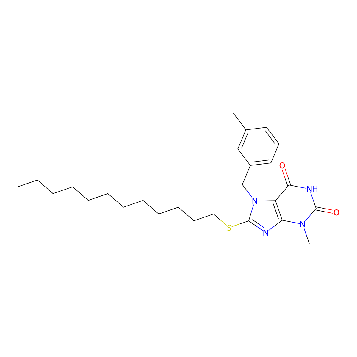 8-(dodecylsulfanyl)-3-methyl-7-(3-methylbenzyl)-3,7-dihydro-1H-purine-2,6-dione molecular structure, CAS 303973-37-7