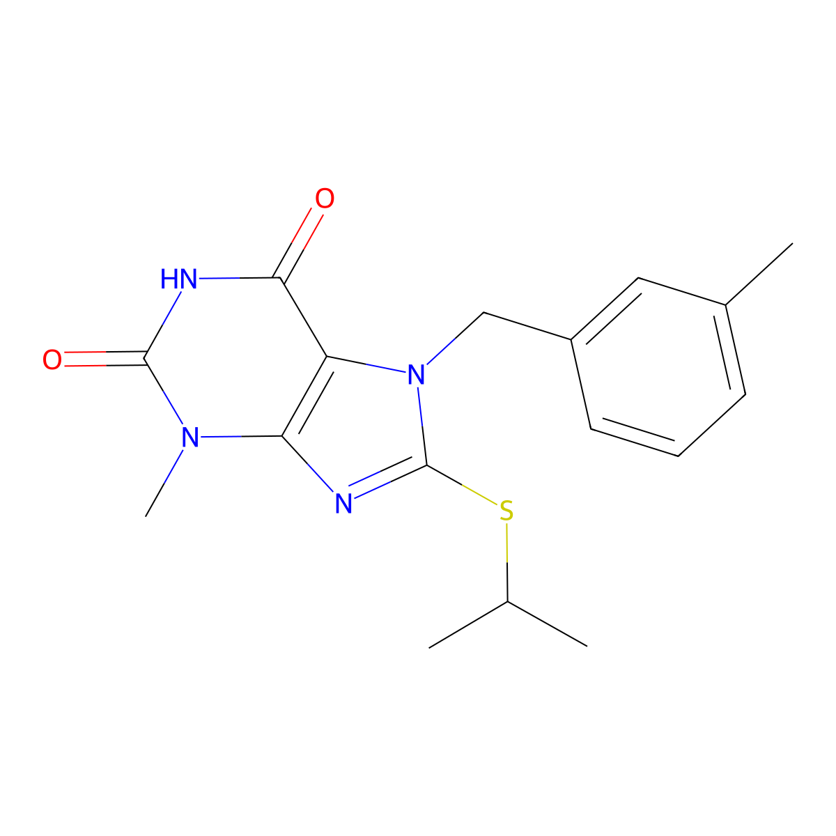 8-(isopropylthio)-3-methyl-7-(3-methylbenzyl)-1H-purine-2,6(3H,7H)-dione molecular structure, CAS 303973-39-9