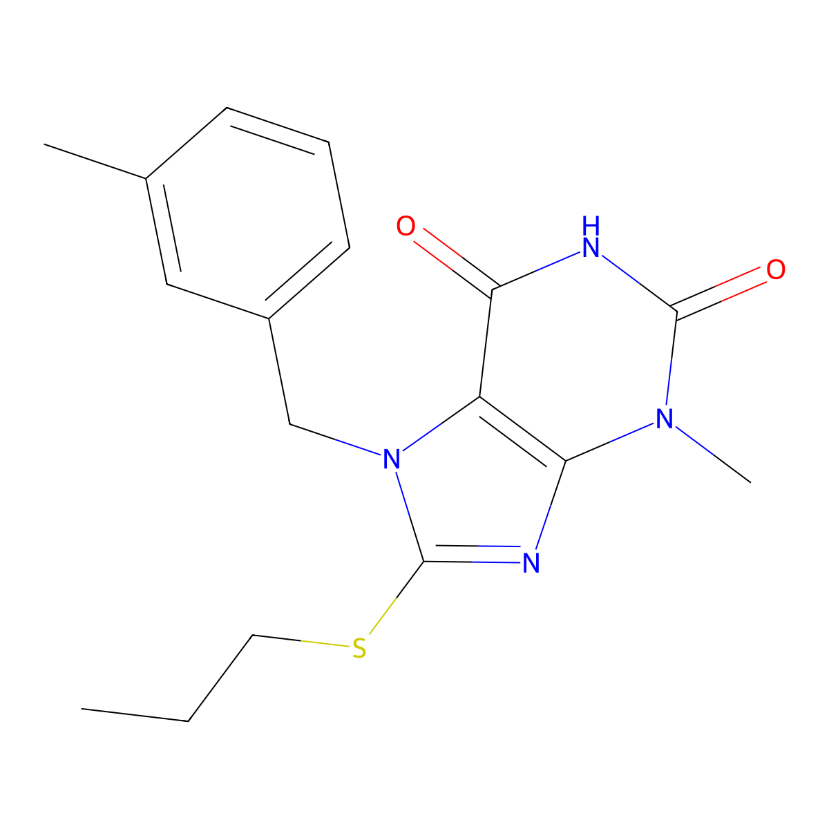 3-methyl-7-(3-methylbenzyl)-8-(propylthio)-1H-purine-2,6(3H,7H)-dione molecular structure, CAS 303973-40-2